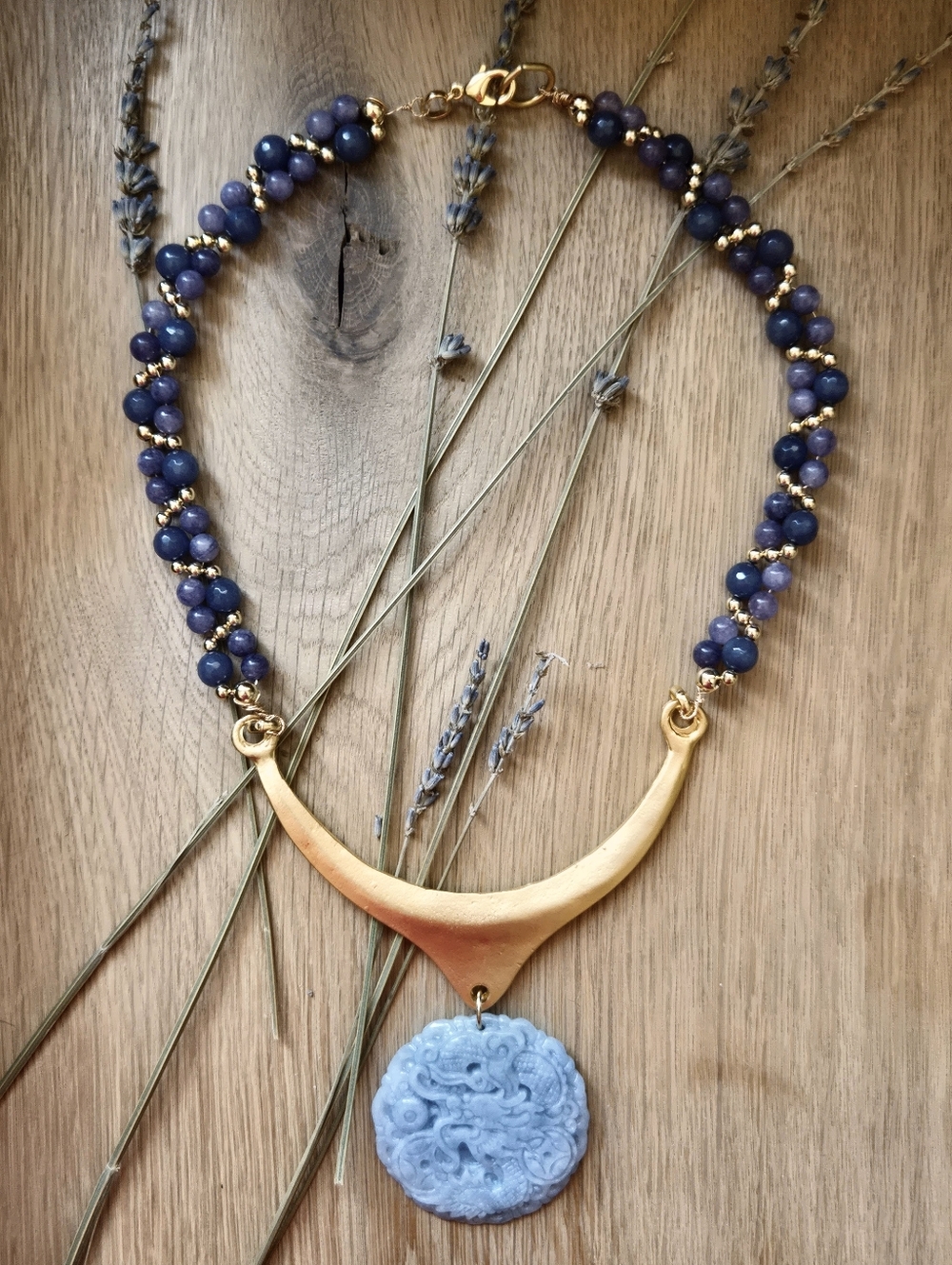 Natural Purple Jade & Lavender Dragon Pendant In Handwoven Gold Plated Necklace
